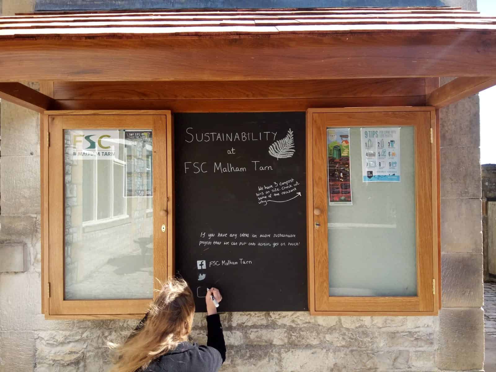 Sustainability board at FSC Malham Tarn