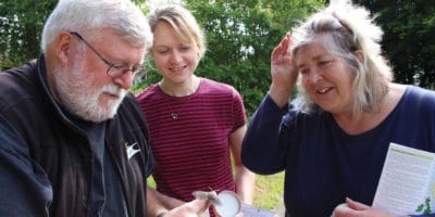 three people studying a moth