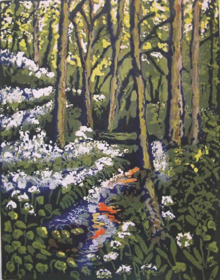 A painting of trees and flowers