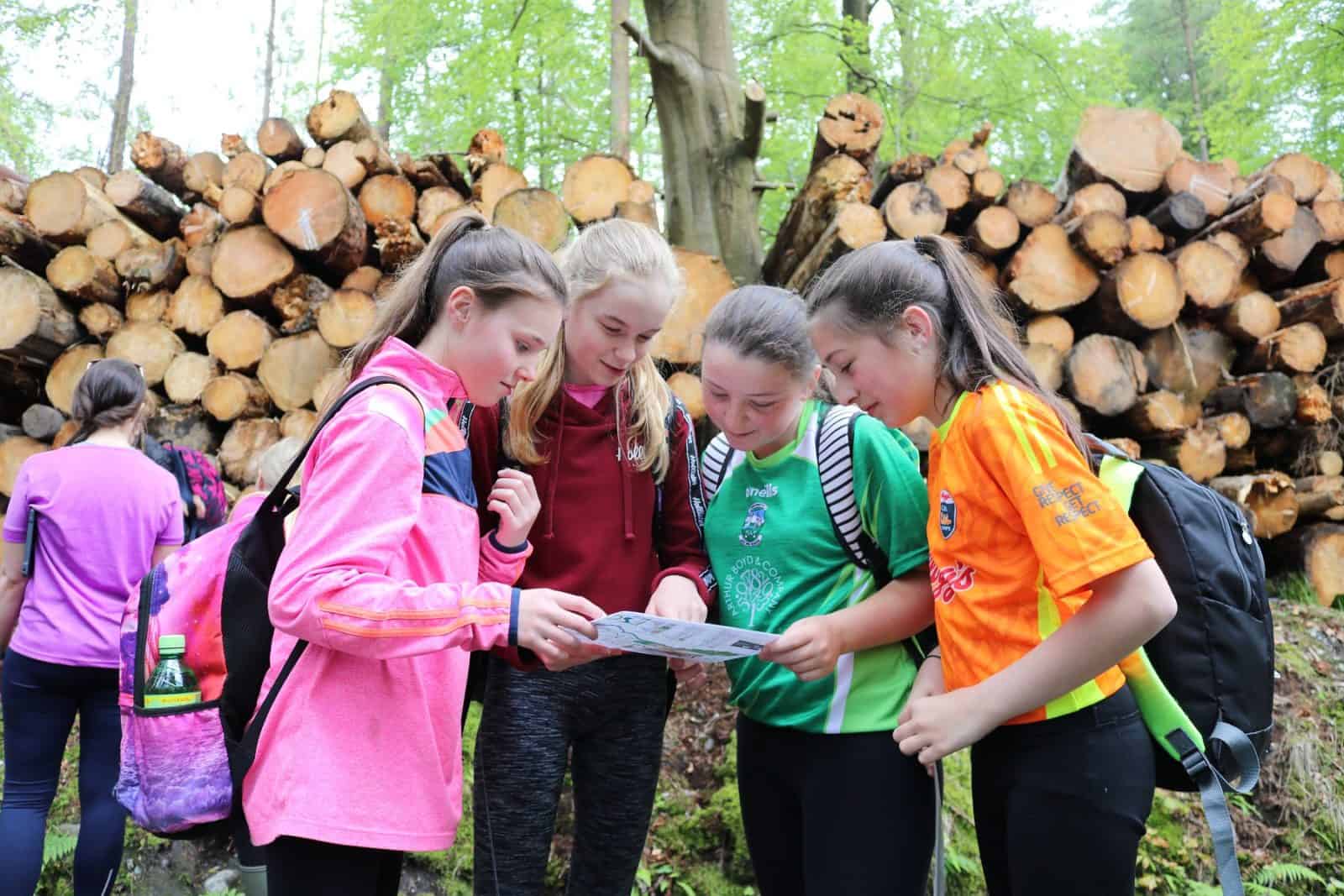 Primary students in the woods