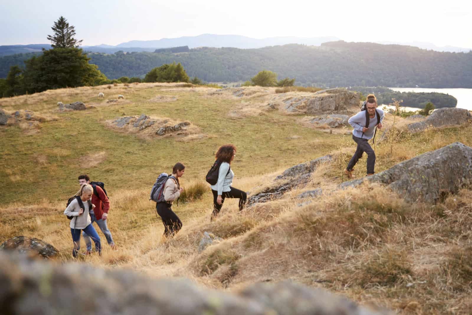 A multi ethnic group of five young adult friends smile while climbing to the summit during a mountain hike, side view