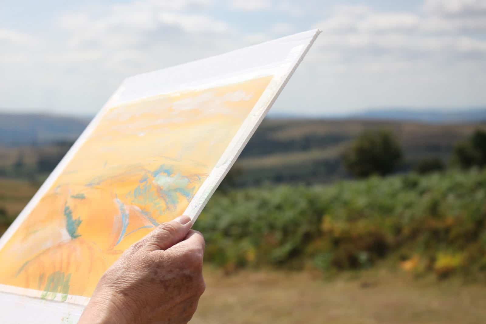 Someone holding up artwork against the scenery