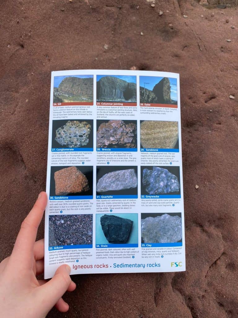 Rock guide looking at red sandstone