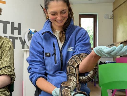 A photograph of a girl with a snark around her arm