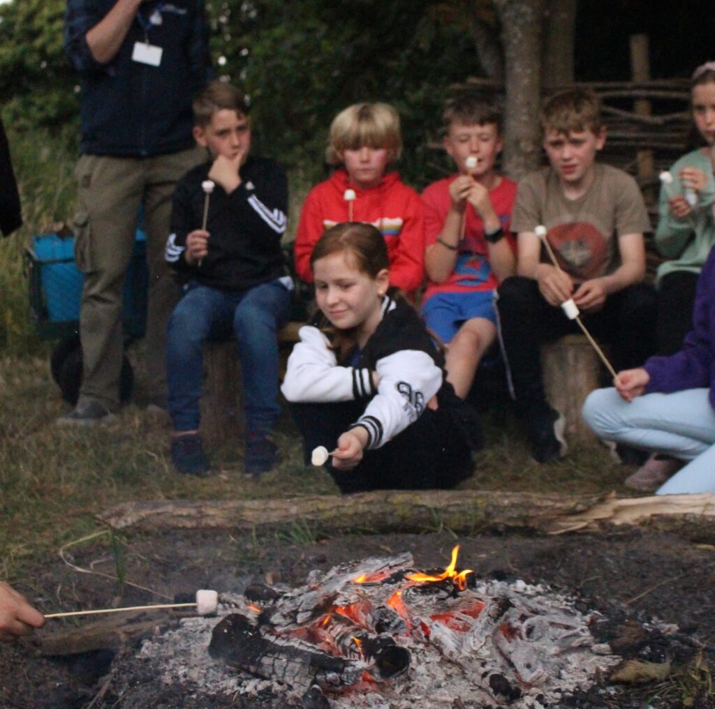 toasting marshmallows on a camp fire