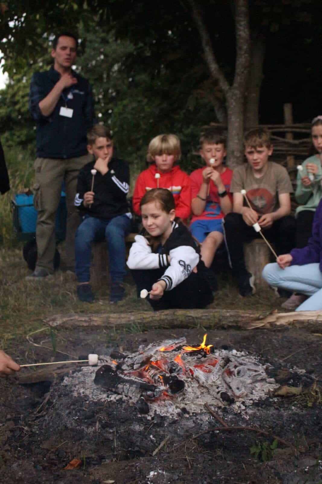 group of children toasting marshmallows around a campfire