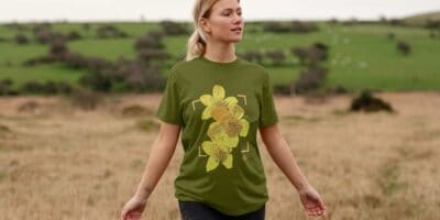 Women wearing a green t-shirt with marsh marigolds on it