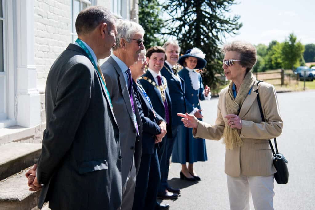 HRH The Princess Royal arrives on site and meets civic dignitaries and Field Studies Council president Timothy Burt and Field Studies Council chairman Jeffrey Sissons