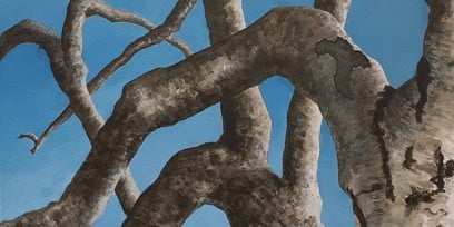 A painting of a tree with a blue sky