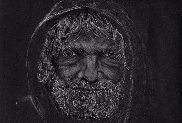 a drawing of a man on a black background