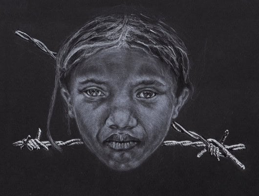 A drawing of a girls head and barbed wire on a black background
