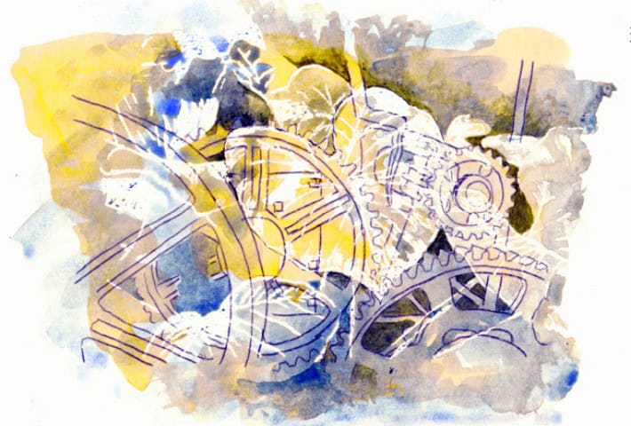 A watercolour picture of cogs