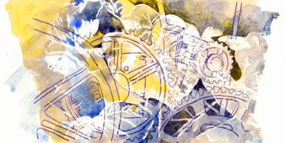 A watercolour picture of cogs