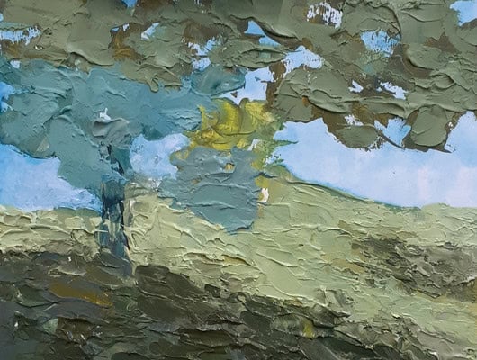 A painting of a field and landscape