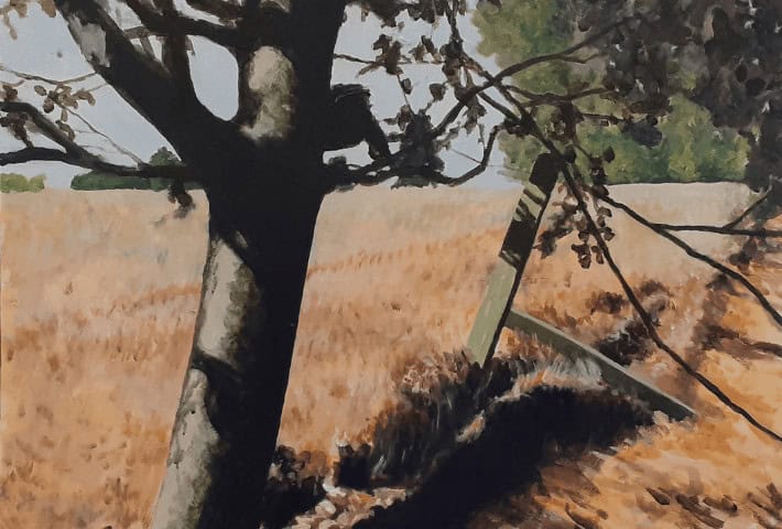 A painting of a landscape with a tree and field of hay