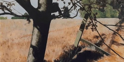 A painting of a landscape with a tree and a field