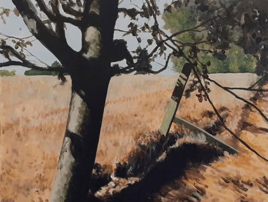 A painting of a tree and a field