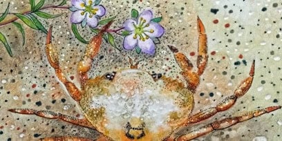 A drawing of a crab with a sandy background and blue flowers