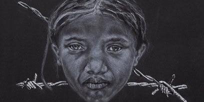 A drawing of a girls head and barbed wire on a black background