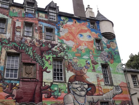 A castle with colourful artwork