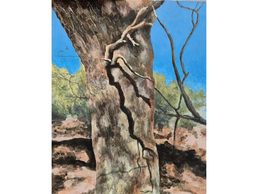A painting of a tree with a blue sky