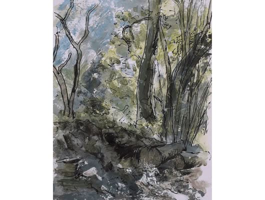 A painting of a forest with drawing on top