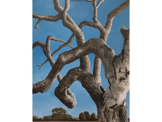 A painting of a tree with a blue sky