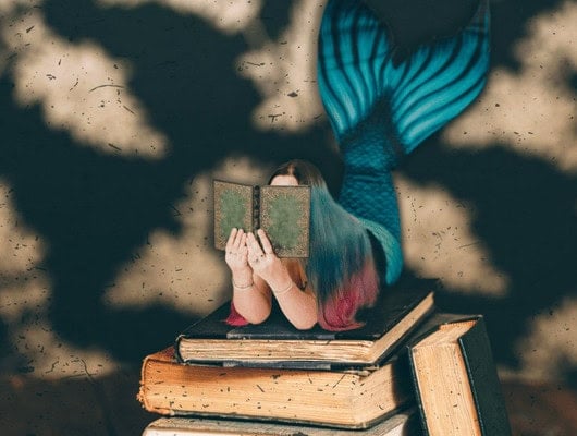 a photo of a mermaid on a pile of books