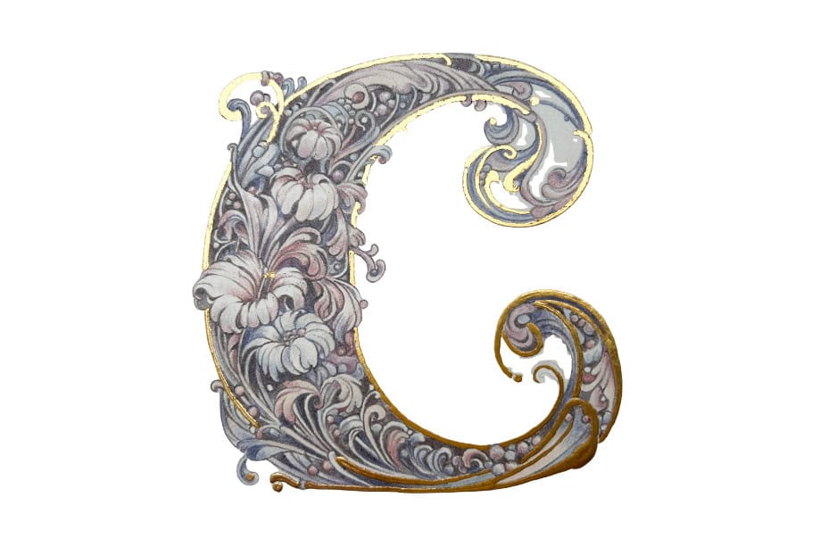 An image of a C made from gold leaf and illustrations - medieval lettering