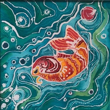 An image of a batik piece featuring a fish in water - Beautiful Batik