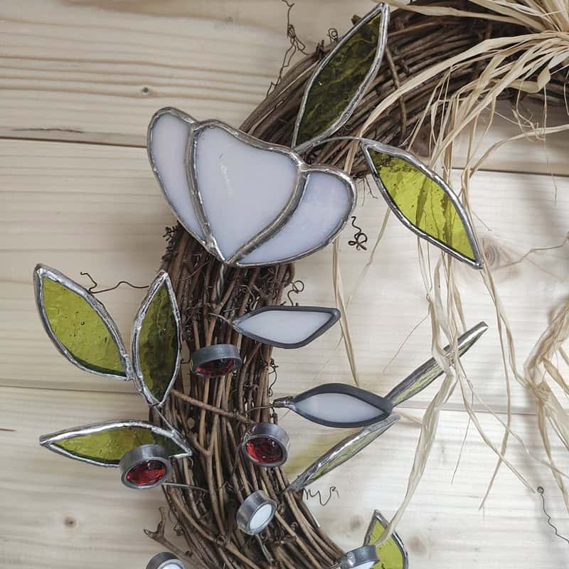 A photo of a stained glass wreath - Stained Glass Autumn Flower Wreath