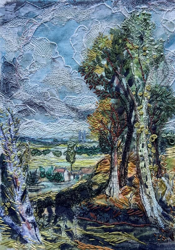 Mixed media piece which features trees and landscape - Constable in Stitches