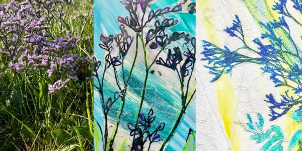 An image of a photograph of purple flowers and then the drawing of those flowers alongside the stitch - Flatford sketch and stitch,