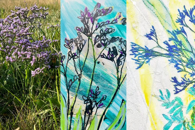 An image of a photograph of purple flowers and then the drawing of those flowers alongside the stitch - Flatford sketch and stitch,
