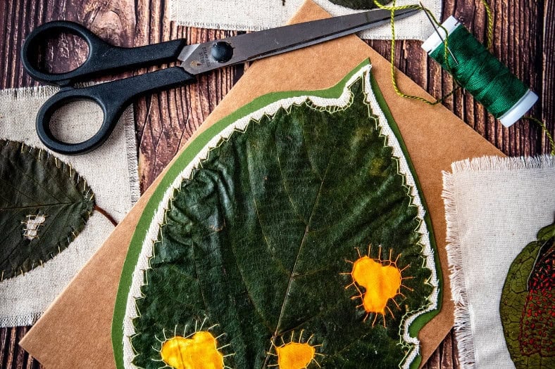 An image of an embroidered leaf - Mindful Stitching in Nature