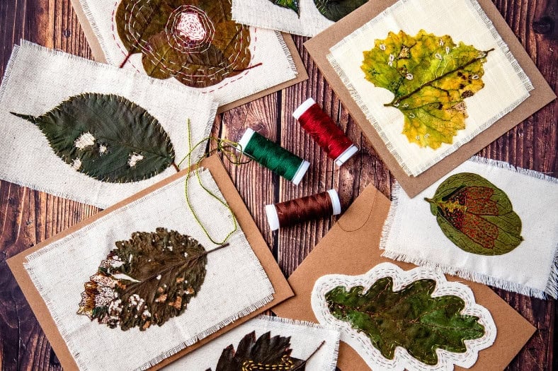 An image of a few embroidered leaves - Mindful Stitching in Nature