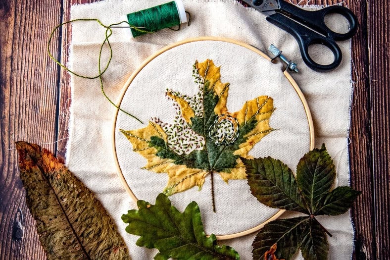 a photo of an embroidered leaf - Mindful Stitching in Nature